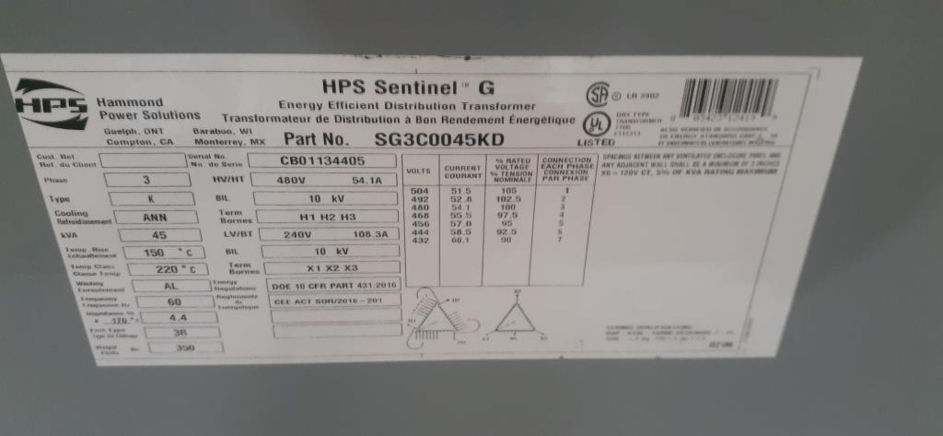 HPS Hammond Solutions 45 KVA Transformer - Image 3 of 3