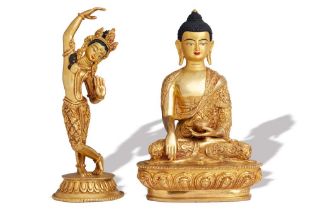 PAIR OF NEPALI BUDDHIST STATUES: BHUMISPARSHA MUDRA BUDDHA AND MAYA DEVI