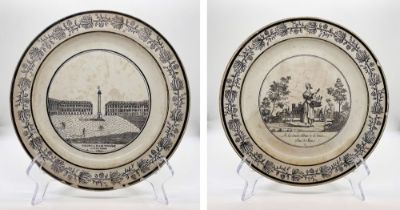 PAIR OF PLATES: CHOISY FAIENCE PLATE, PLACE DE VENDOME AND TALKING PLATE, EARLY XVIII CENTURY