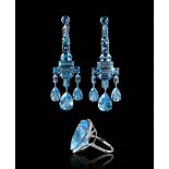 BLUE TOPAZ AND 18K WHITE GOLD GIRANDOLE EARRINGS AND RING