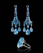 BLUE TOPAZ AND 18K WHITE GOLD GIRANDOLE EARRINGS AND RING