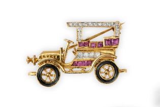 18K GOLD DIAMONDS AND RUBIES BROOCH - ANTIQUE CAR