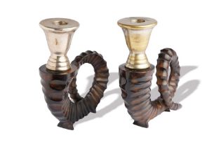 PAIR OF CHAPMAN CANDLESTICKS IN THE SHAPE OF ARIES' HORNS Chapman Manufacturing Company, Inc, USA