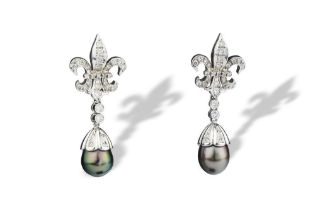 PAIR OF 14K WHITE GOLD FLEUR DE LYS EARRINGS, DIAMONDS, BLACK TAHITIAN PEARLS