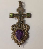 SILVER GILT CROSS WITH PERIDOT, AMETHYST AND ROSE CUT DIAMONDS