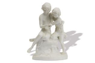 BISCUIT SCULPTURAL GROUP ‘TWO YOUTHS HOLDING A NEST’ possibly Volkstedt porcelain manufacture, Germa