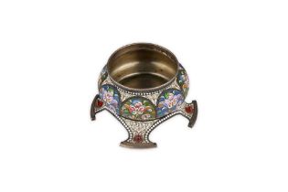 YAKOV BORISOV ALEKSEEV (1899-1908) RUSSIAN SILVER AND CLOISONNÉ ENAMEL FOOTED POT, MOSCOW