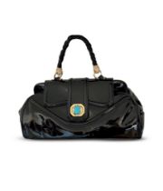 VALENTINO black patent leather bag with turquoise stone clasp. Gold tone accessory handle with cryst