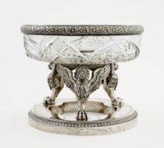 MONUMENTAL SILVER-MOUNTED CUT CRYSTAL VASE RESTING ON THE THREE LEGS OF WINGED LIONS ON THE BASE Rus