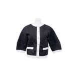 CHANEL Black and white geometric textured jacket with large faux pearl buttons