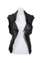 CHANEL BY KARL LAGERFELD Black leather sleeveless jacket with cropped back