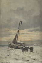 PAAR GEMÄLDE: SCHNEEBEDECKTE KÜSTE MIT FISCHERBOOT. BOMSCHUIT AM STRAND (1889)