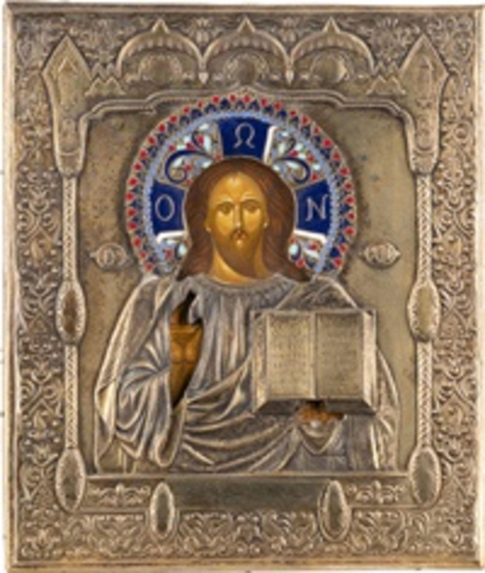 IKONE MIT CHRISTUS PANTOKRATOR MIT CLOISONNÉ-EMAIL-OKLAD  - Bild 2 aus 3