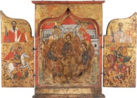 FEINES TRIPTYCHON MIT DER ALTTESTAMENTLICHEN DREIFALTIGKEIT UND AUSGEWÄHLTEN HEILIGEN - Image 2 of 3