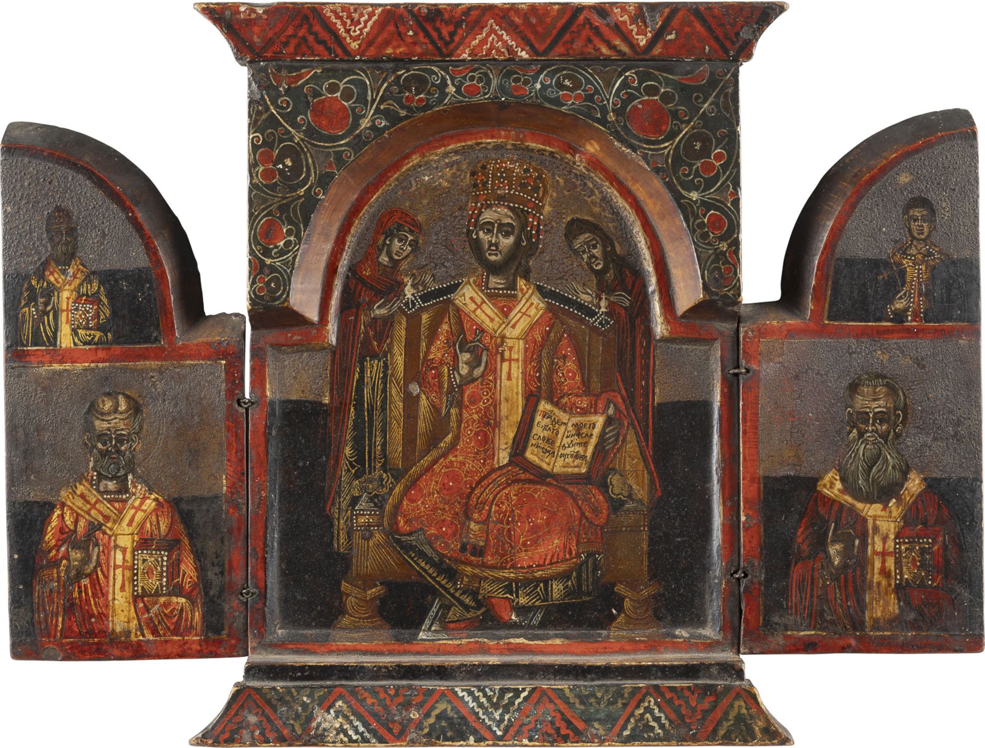 TRIPTYCHON MIT DEM THRONENDEN CHRISTUS FLANKIERT VON DER GOTTESMUTTER, DEM HEILIGEN JOHANNES UND HEI - Image 3 of 3