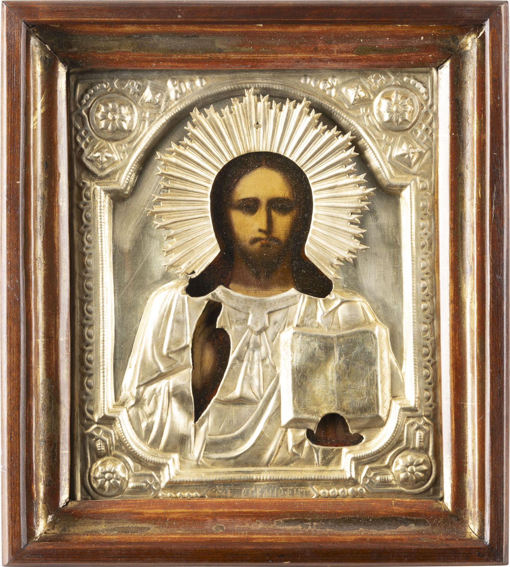 GROSSE IKONE MIT CHRISTUS PANTOKRATOR MIT OKLAD IM KIOT  - Bild 3 aus 3