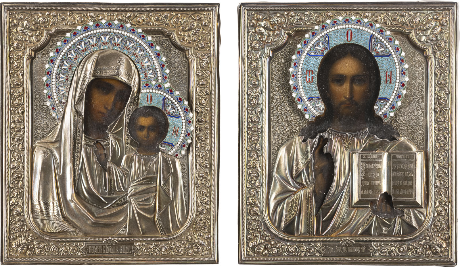 PAAR HOCHZEITS-IKONEN MIT CLOISONNÉ-EMAIL-OKLAD: CHRISTUS PANTOKRATOR UND GOTTESMUTTER VON KASAN (KA - Image 3 of 3