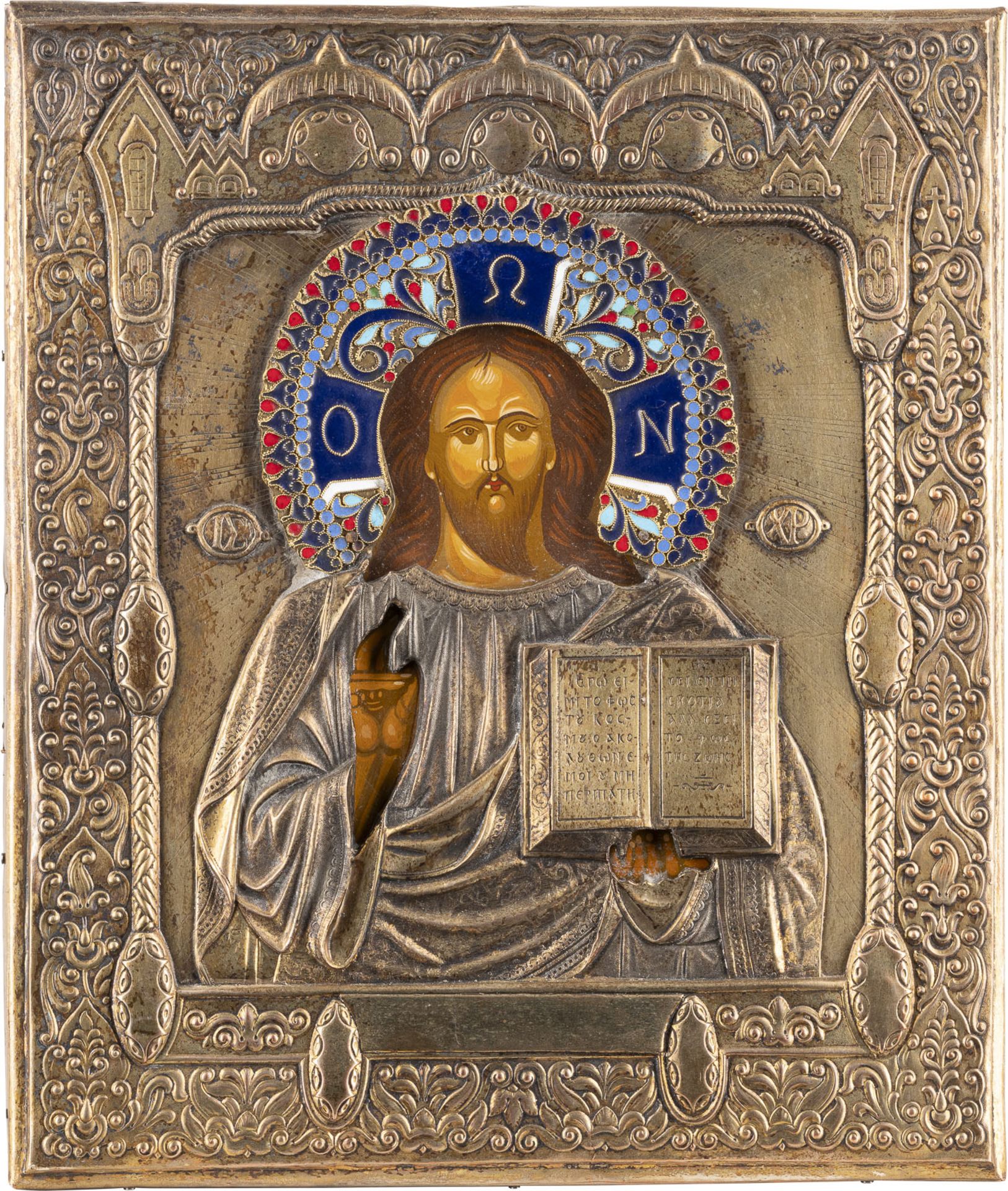 IKONE MIT CHRISTUS PANTOKRATOR MIT CLOISONNÉ-EMAIL-OKLAD