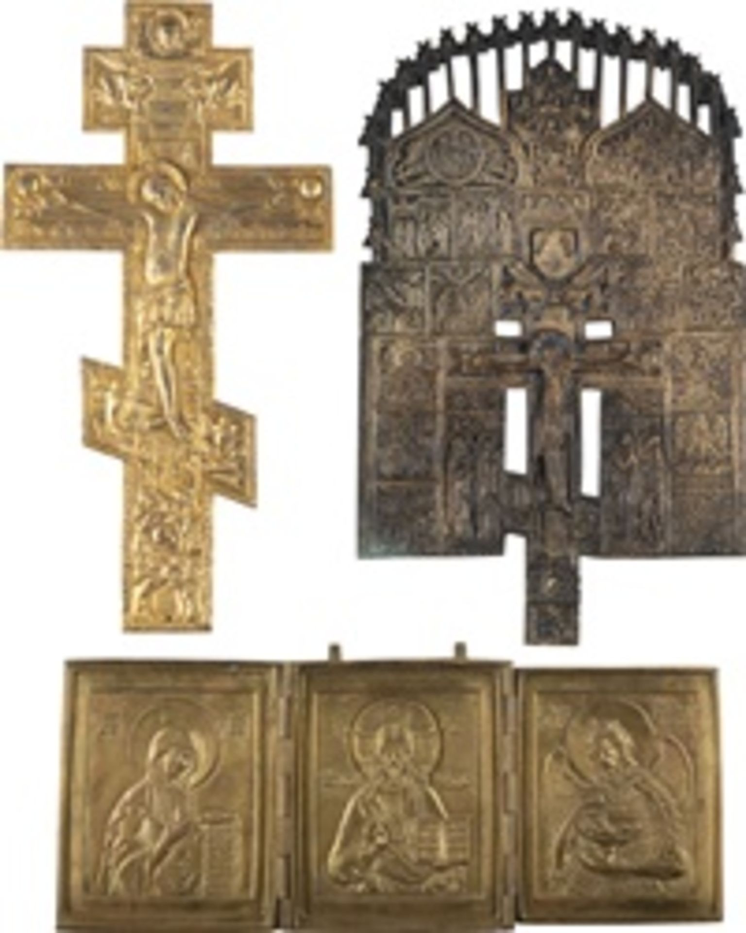 DREI BRONZE-IKONEN: KREUZ, ERWEITERTES KREUZ UND TRIPTYCHON MIT DEESIS  - Bild 2 aus 3