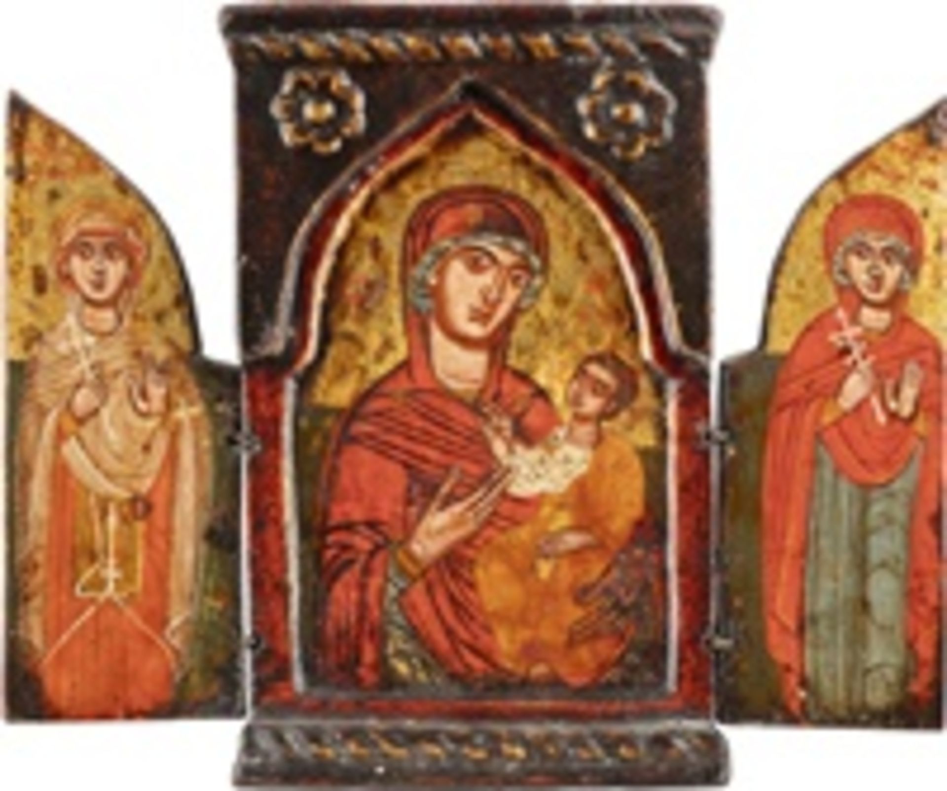 FEINES MINIATUR-TRIPTYCHON MIT DER GOTTESMUTTER HODEGETRIA UND DEN MÄRTYRERINNEN PARASKEWA UND MARIA - Bild 2 aus 3