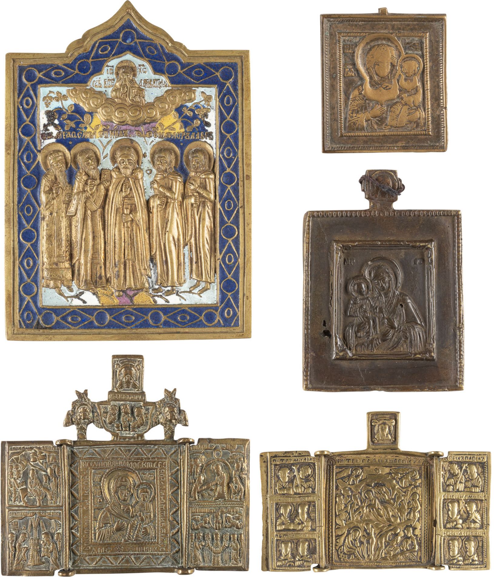 FÜNF BRONZE-IKONEN: AUSGEWÄHLTE PATRONATS-HEILIGE, GNADENBILDER DER GOTTESMUTTER SOWIE ZWEI TRIPTYCH