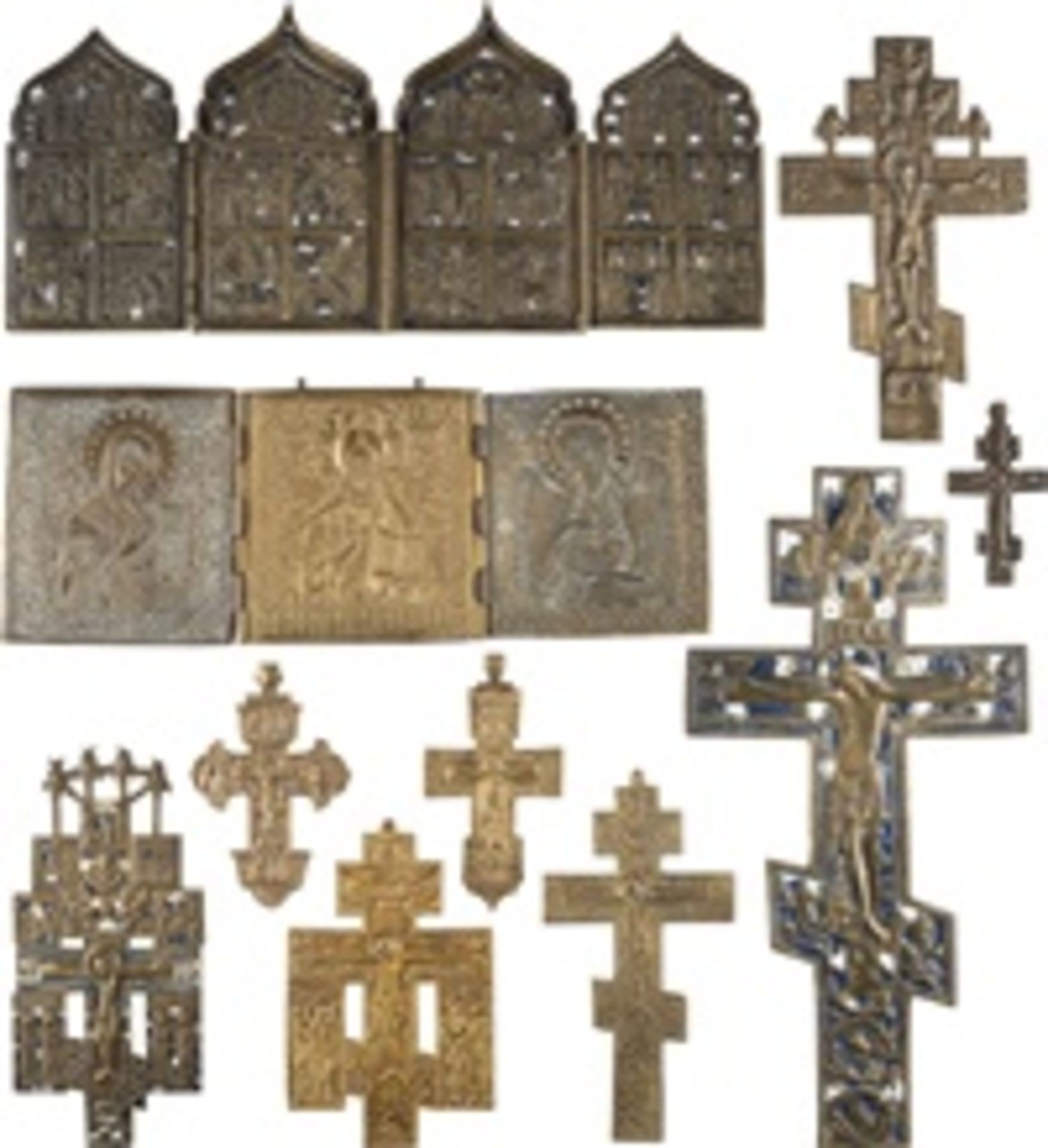 ZEHN BRONZE-IKONEN: (ERWEITERTE) KRUZIFIXE, TRIPTYCHON MIT DEESIS UND TETRAPTYCHON MIT FESTTAGEN - Image 2 of 3