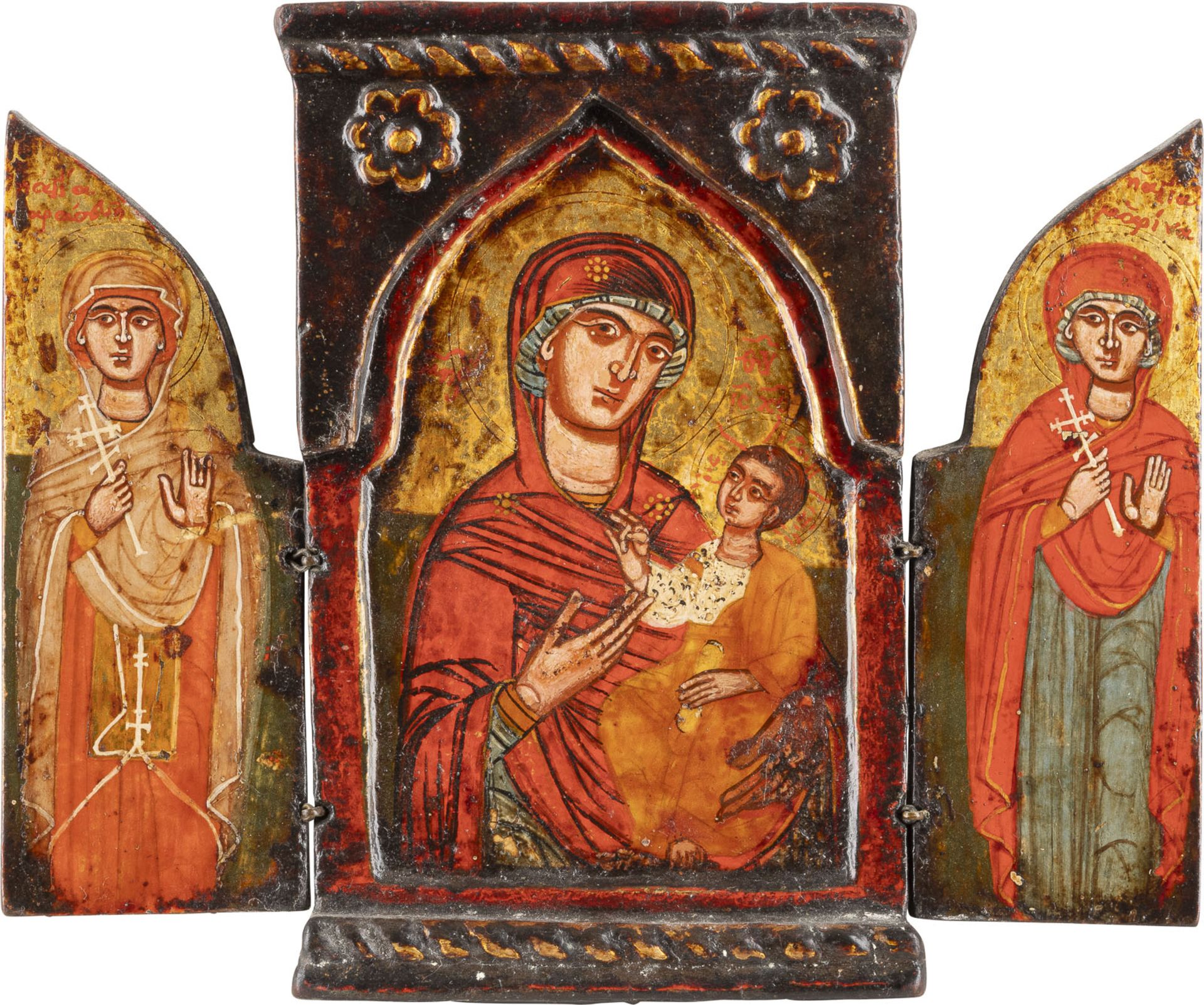 FEINES MINIATUR-TRIPTYCHON MIT DER GOTTESMUTTER HODEGETRIA UND DEN MÄRTYRERINNEN PARASKEWA UND MARIA - Bild 3 aus 3