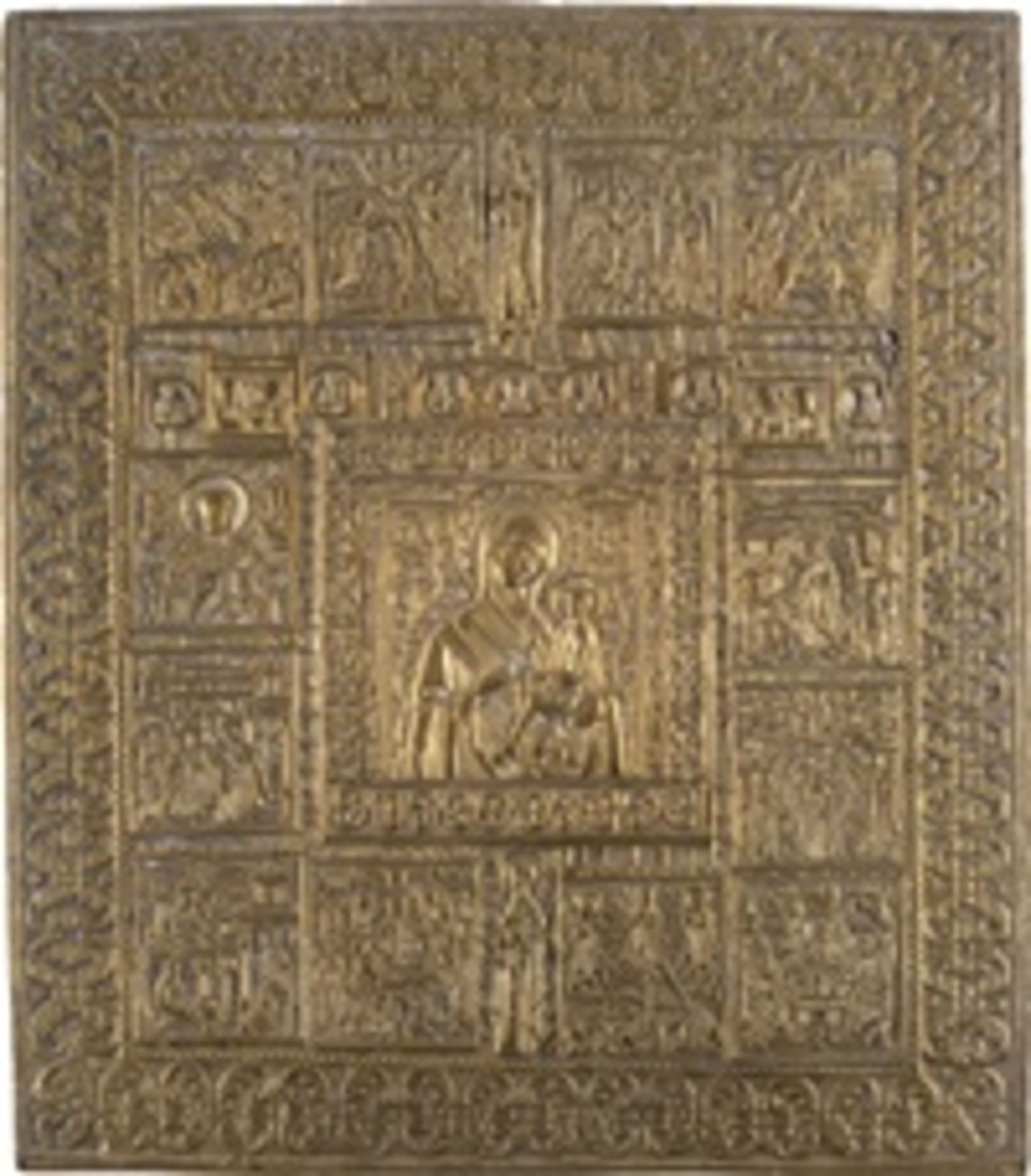 GROSSE BRONZE-IKONE MIT DER GOTTESMUTTER VON TICHWIN 'TICHWINSKAJA' UMRAHMT VON FESTTAGSDARSTELLUNGE - Image 2 of 3