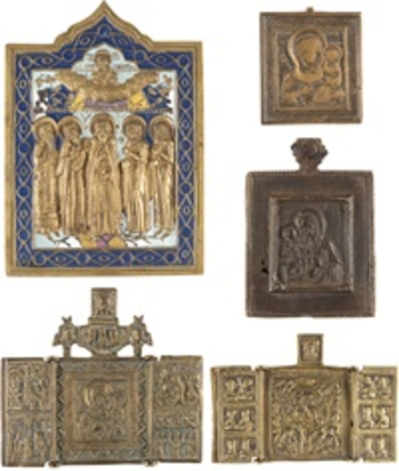 FÜNF BRONZE-IKONEN: AUSGEWÄHLTE PATRONATS-HEILIGE, GNADENBILDER DER GOTTESMUTTER SOWIE ZWEI TRIPTYCH - Bild 2 aus 3