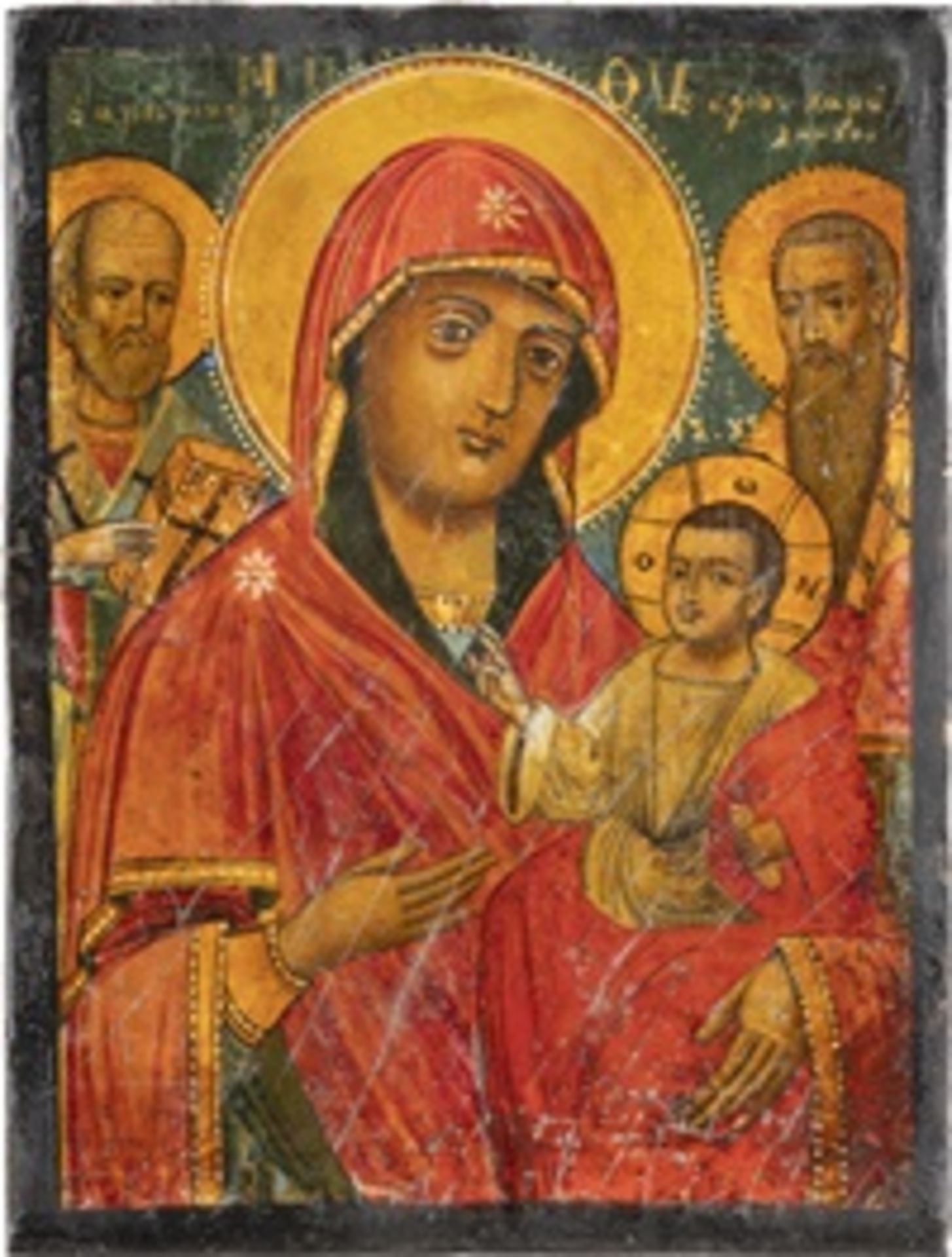 KLEINE IKONE MIT DER GOTTESMUTTER FLANKIERT VON DEN HEILIGEN NIKOLAUS VON MYRA UND CHARALAMPOS  - Bild 2 aus 3