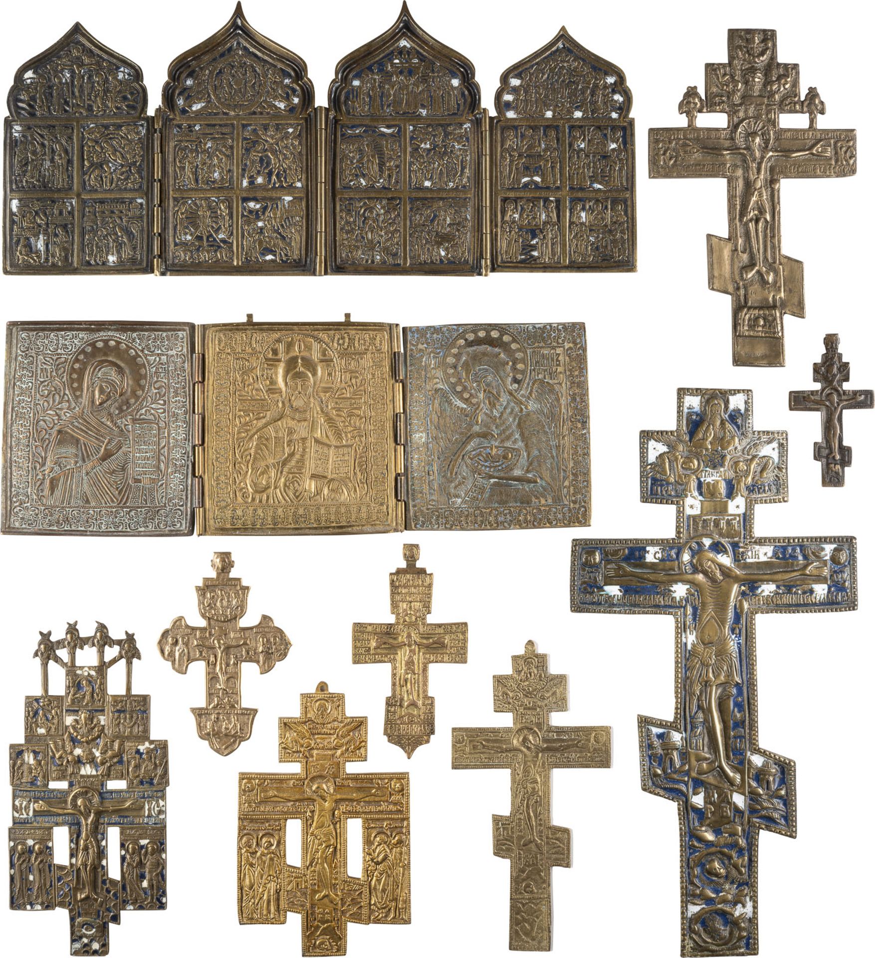 ZEHN BRONZE-IKONEN: (ERWEITERTE) KRUZIFIXE, TRIPTYCHON MIT DEESIS UND TETRAPTYCHON MIT FESTTAGEN - Image 3 of 3