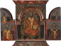 TRIPTYCHON MIT DEM THRONENDEN CHRISTUS FLANKIERT VON DER GOTTESMUTTER, DEM HEILIGEN JOHANNES UND HEI - Image 2 of 3