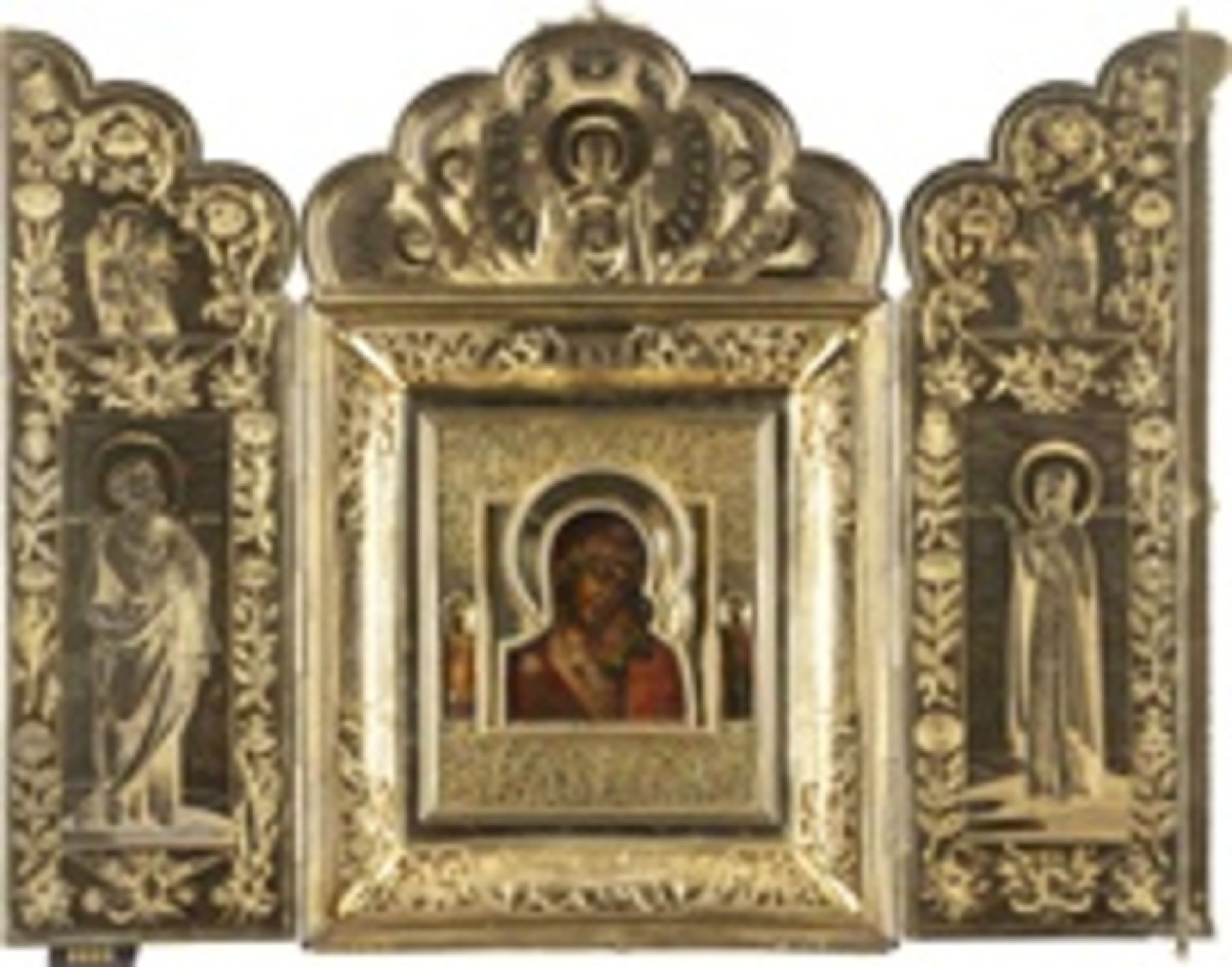 MUSEALES TRIPTYCHON MIT DER GOTTESMUTTER VON KASAN (KASANSKAJA) MIT GOLD-RIZA IM VERMEIL-RAHMEN  - Bild 2 aus 5