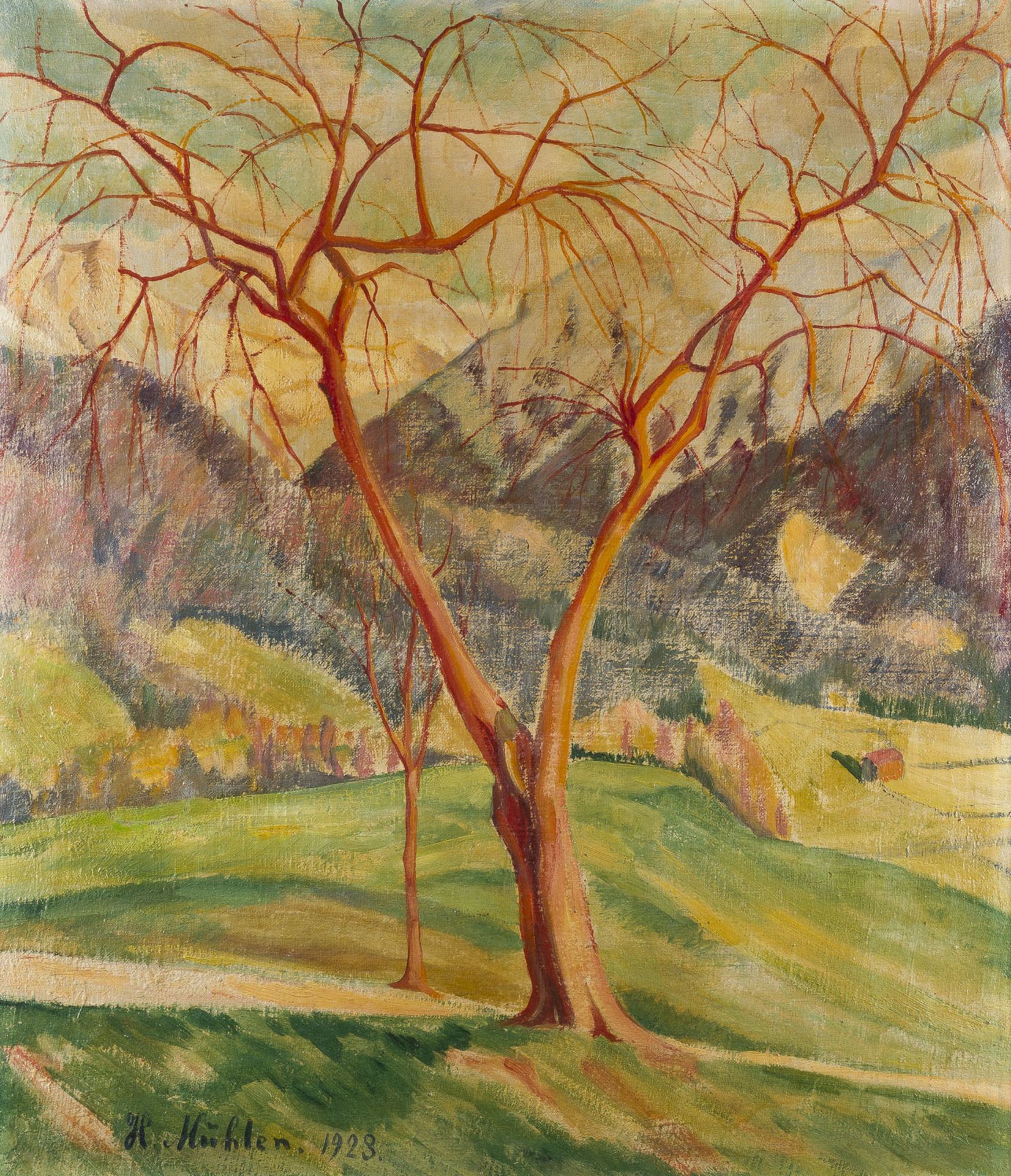 HERMANN MÜHLEN GEBIRGSLANDSCHAFT MIT BAUM (1923)