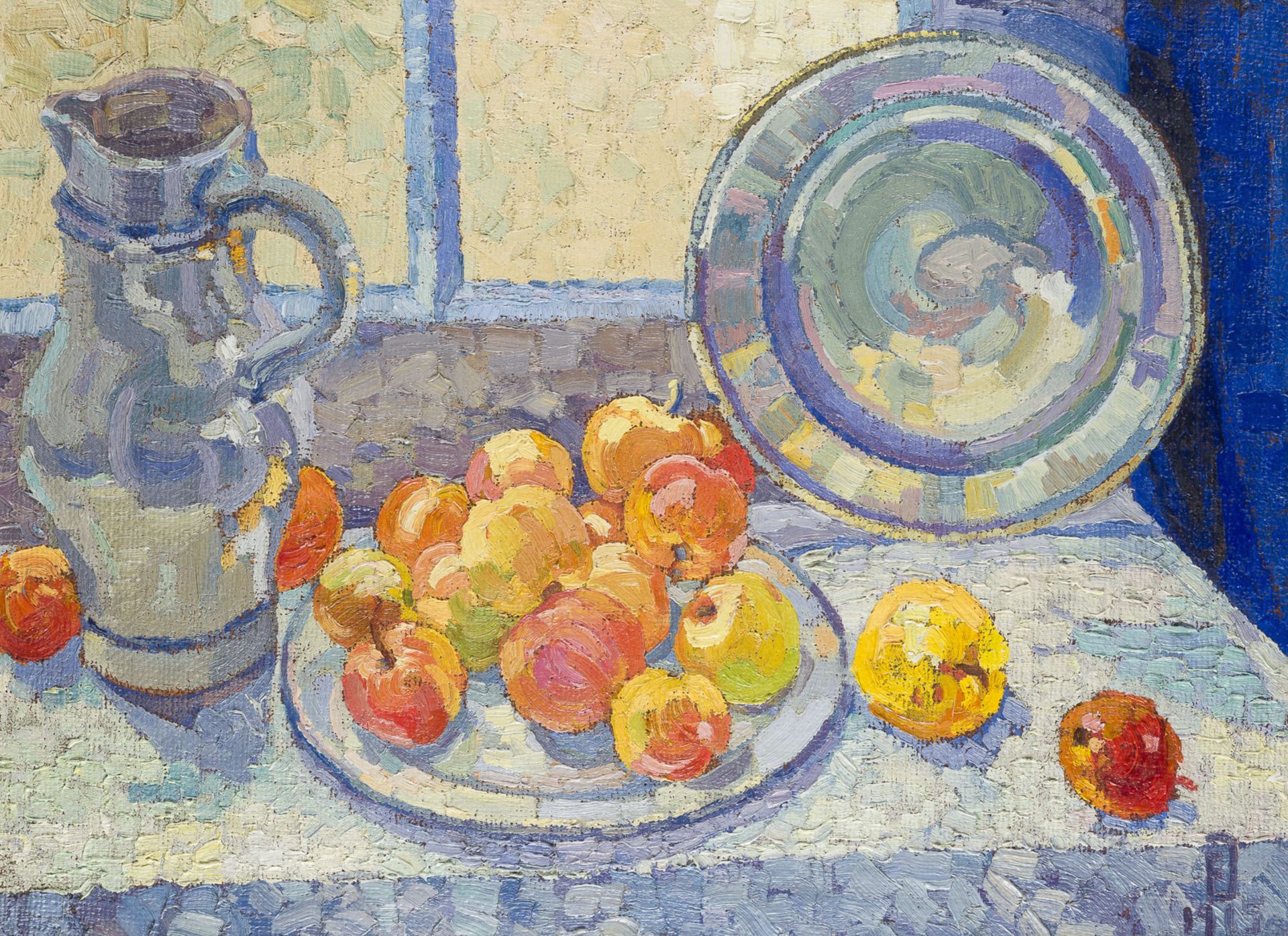 EBERHARD VIEGENER STILLLEBEN MIT KRUG, FRÜCHTEN UND ZINNTELLERN (1915)