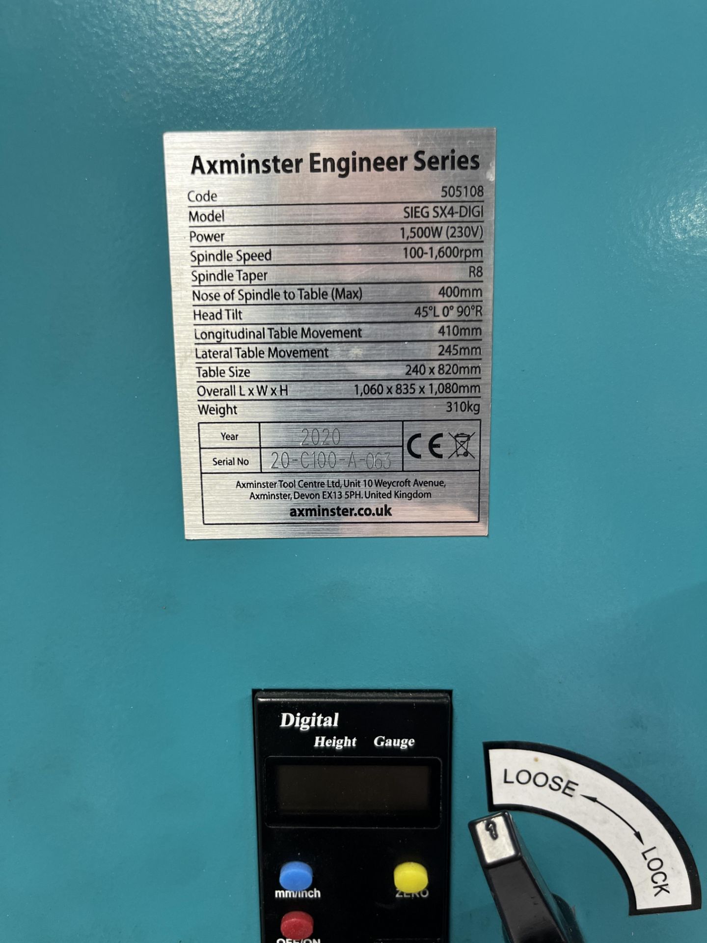 Axminster SIEG SX4-DIGI Tilt Head Mill Drill Serial No. 20C100 A-063 - Image 3 of 3