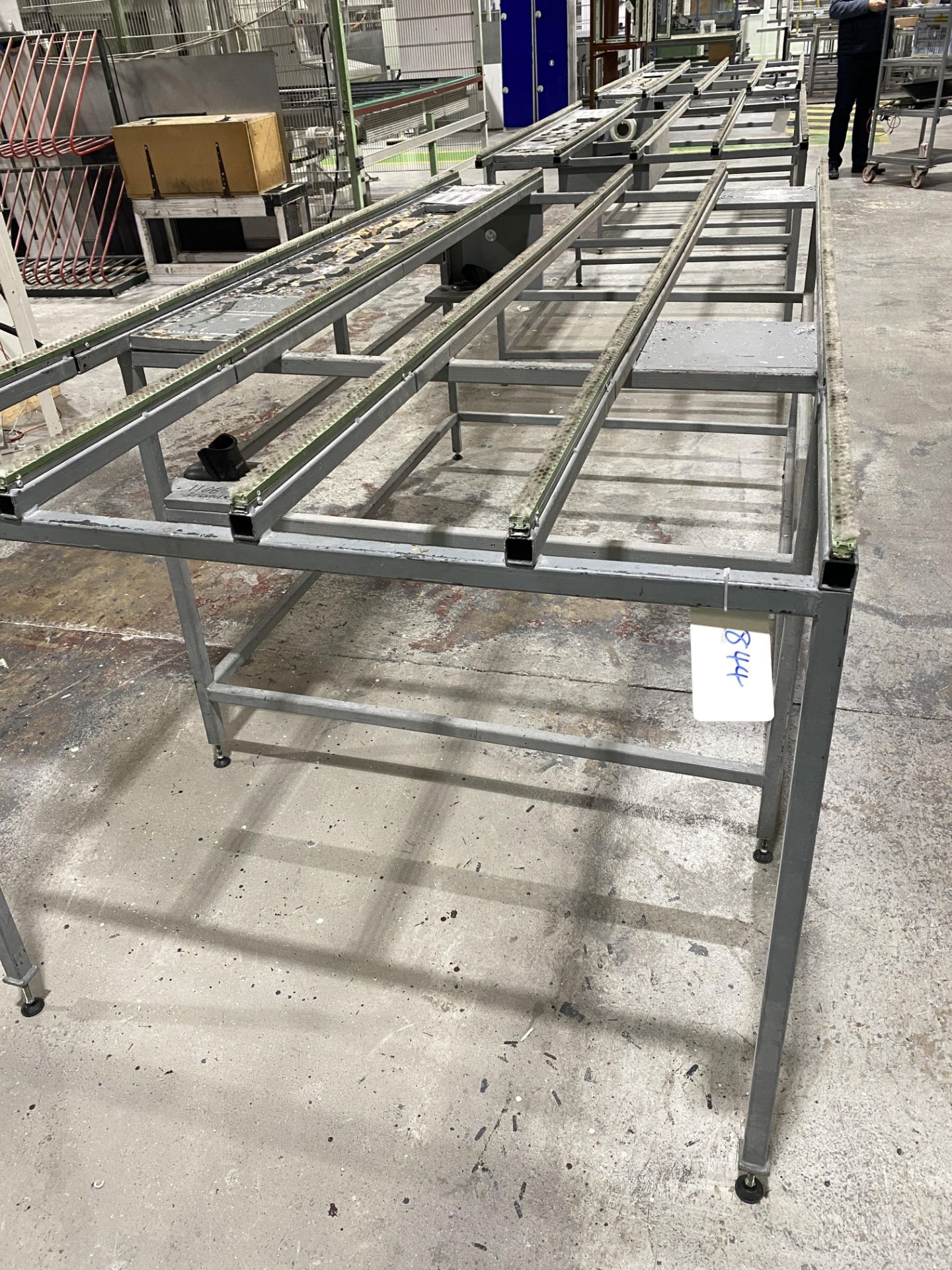 3 Steel Framed Brush Topped Assembly Benches each 2.6 x 1.2m