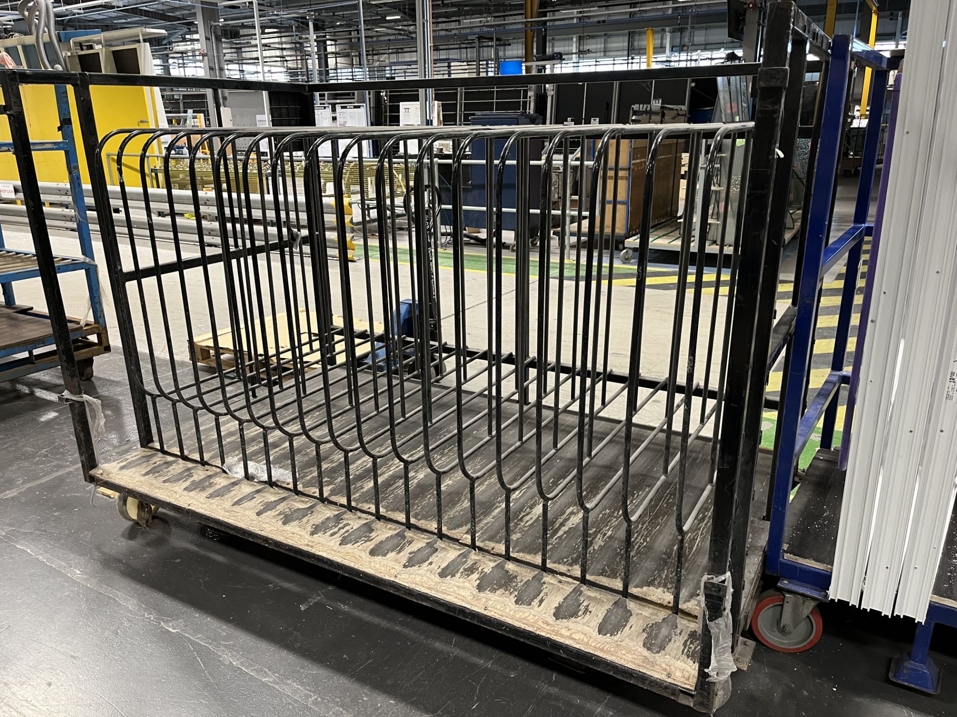 4. Steel fabricated door panel storage/transport trollies with forklift lifting pints. 19 panel loca