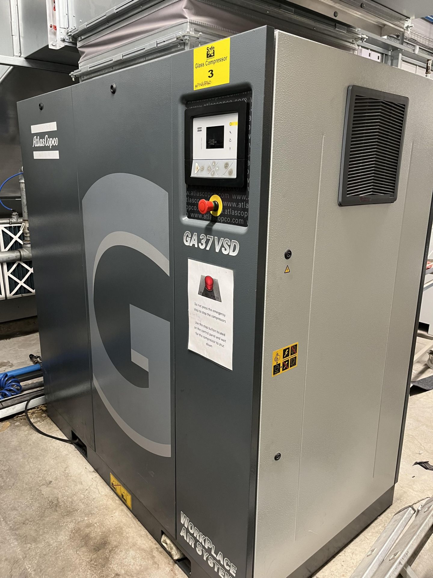 Atlas Copco GA37 VSD Variable Speed Packaged Screw Compressor Serial No. AP1486960 (2016)