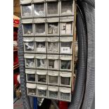 1, Various electrical and mechanical consumables c/w with storage trays and single bay shelving unit