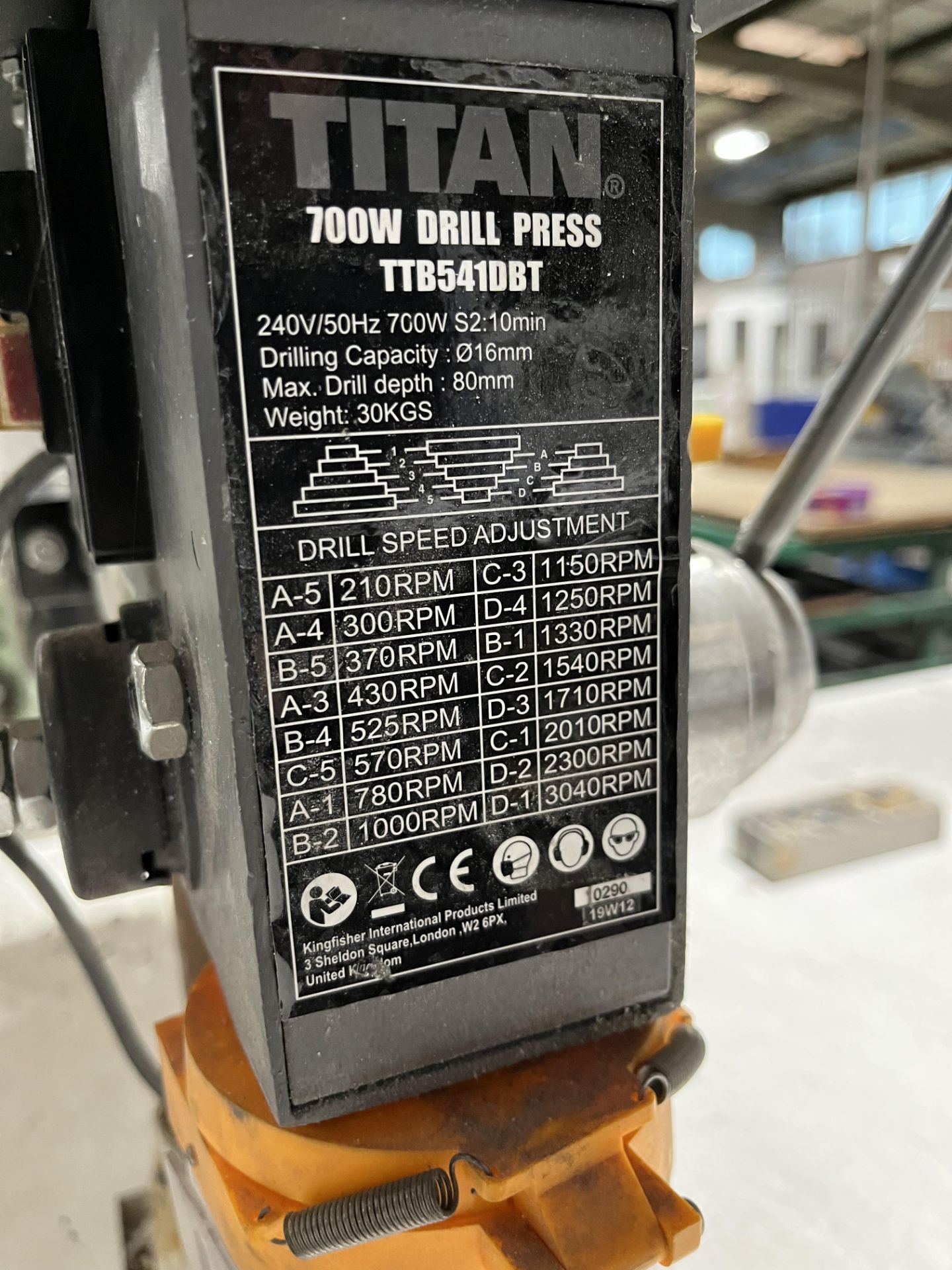 Titan 700W TTB541DBT 700W Drill Press on Steel Bench Serial No 1029019W12, 16mm Dia x 80mm Depth C - Image 2 of 2