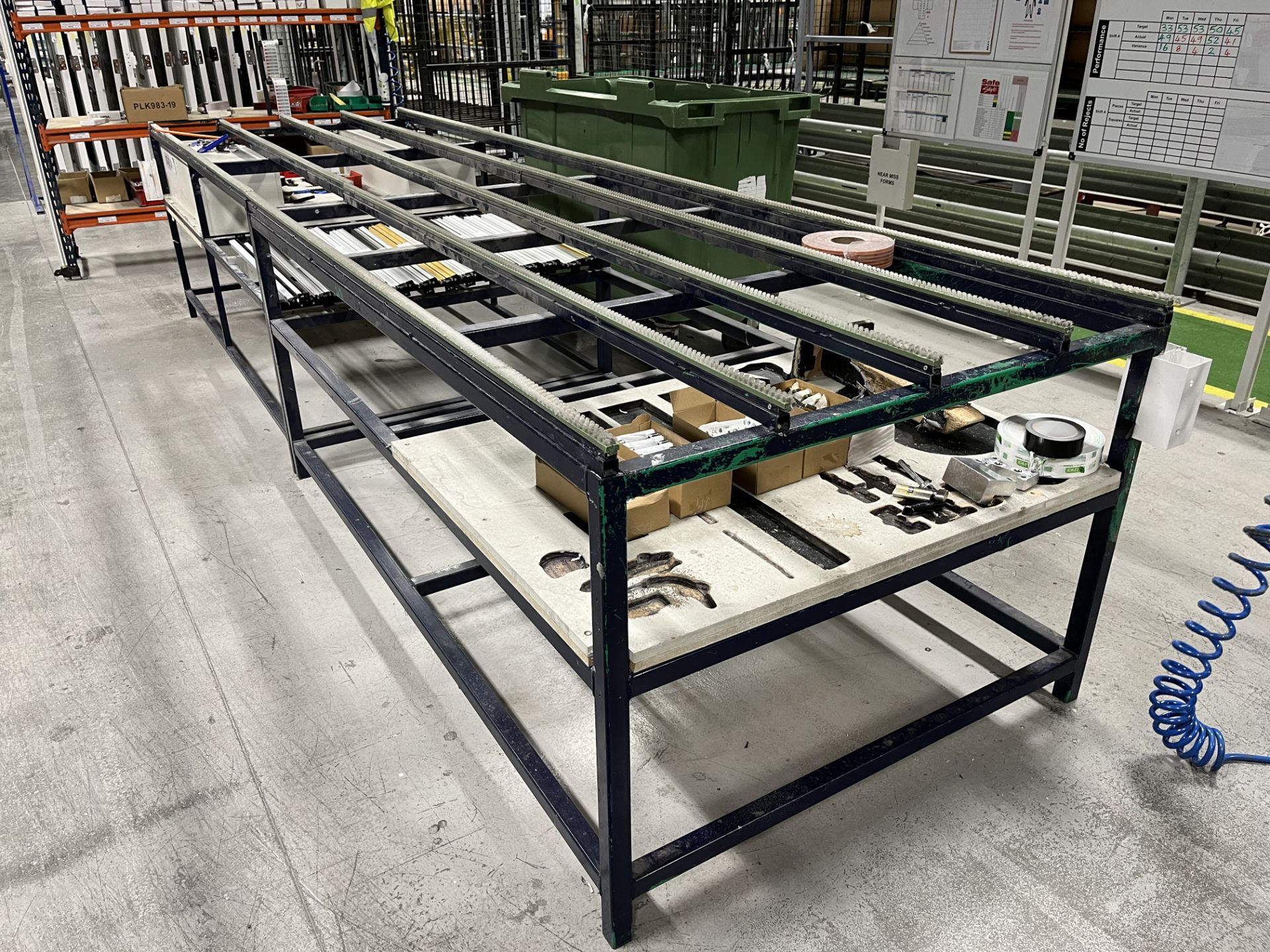 2, Steel fabricated assembly benches with tool storage, Approx, size 4.2Wx1.2Dx1.0H mtrs