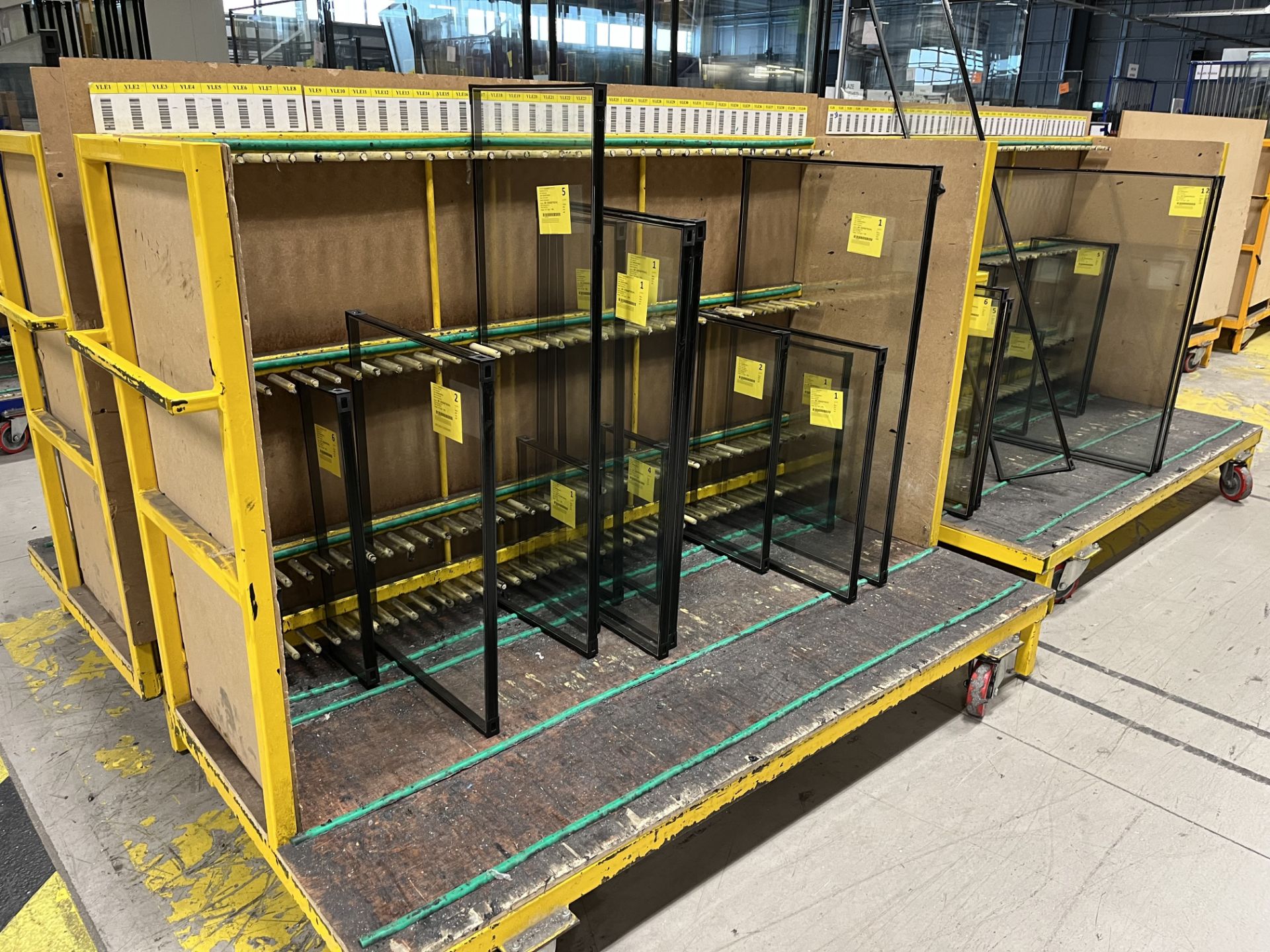 10, Steel fabricated Glazed unit storage trolleys, colour yellow, 40 locations, approx. size 1 x 2.1