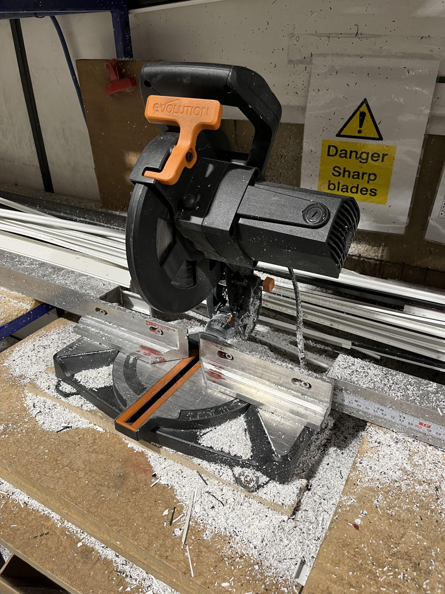 1 x Evolution R210 210mm Multi- Material Compound Mitre Saw (2021) and Bench as Photographed