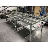 2, Sreel fabricated assembly benches with shelves. Approx sizes 1 @ 3mx12m, 1 @ 3.75mx1.2mtrs