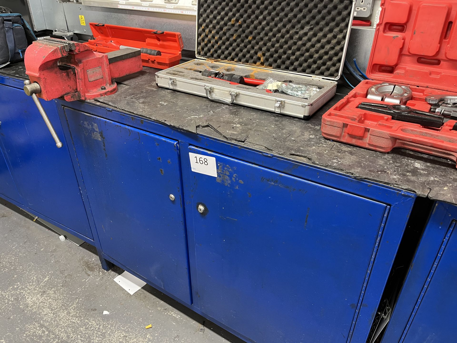 1, Double steel fabricated work bench with vice