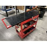 1, Mobile work bench/top, hinged top with lockable storage underneath and two shelves, Size approx.