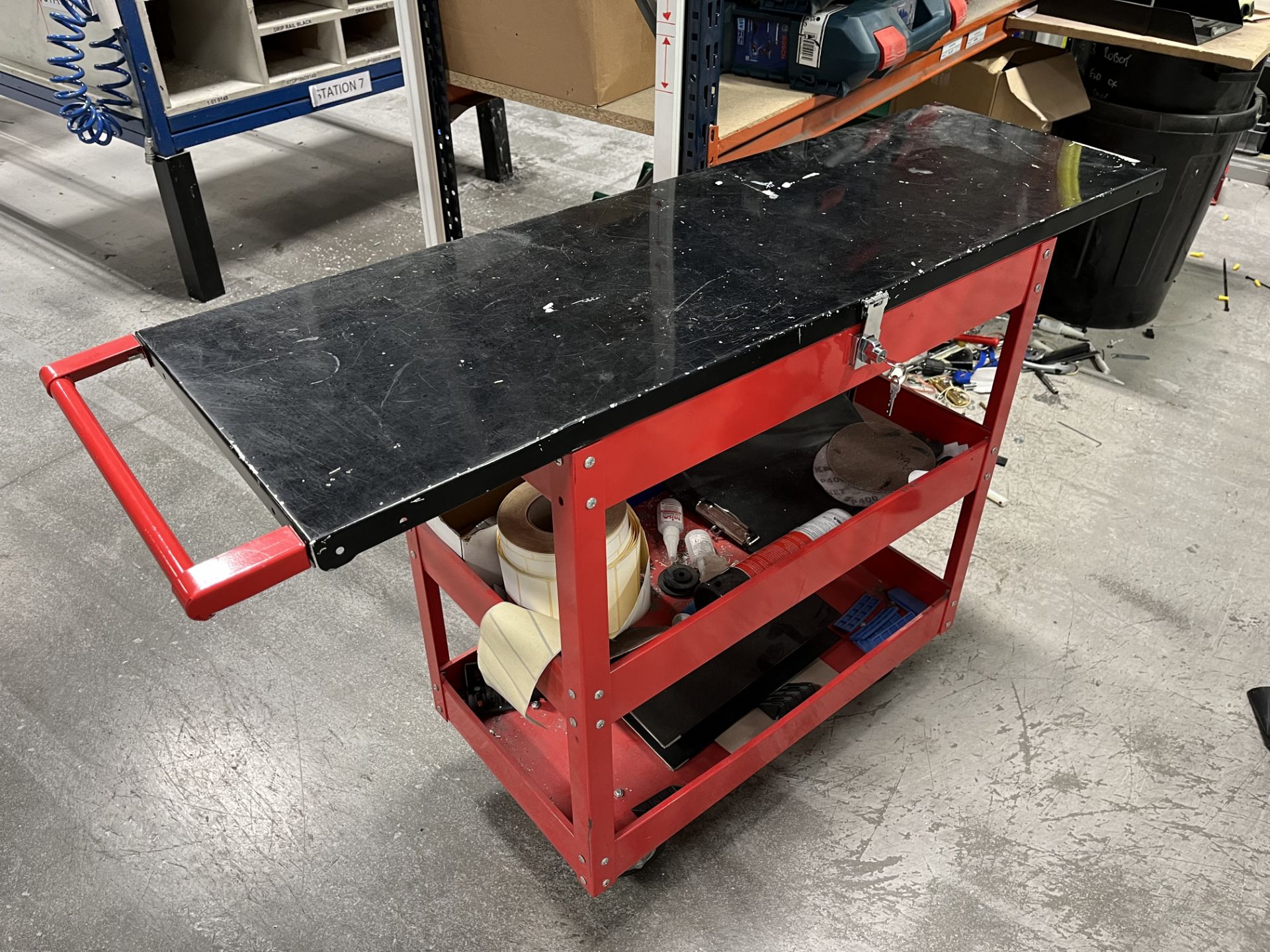 1, Mobile work bench/top, hinged top with lockable storage underneath and two shelves, Size approx.