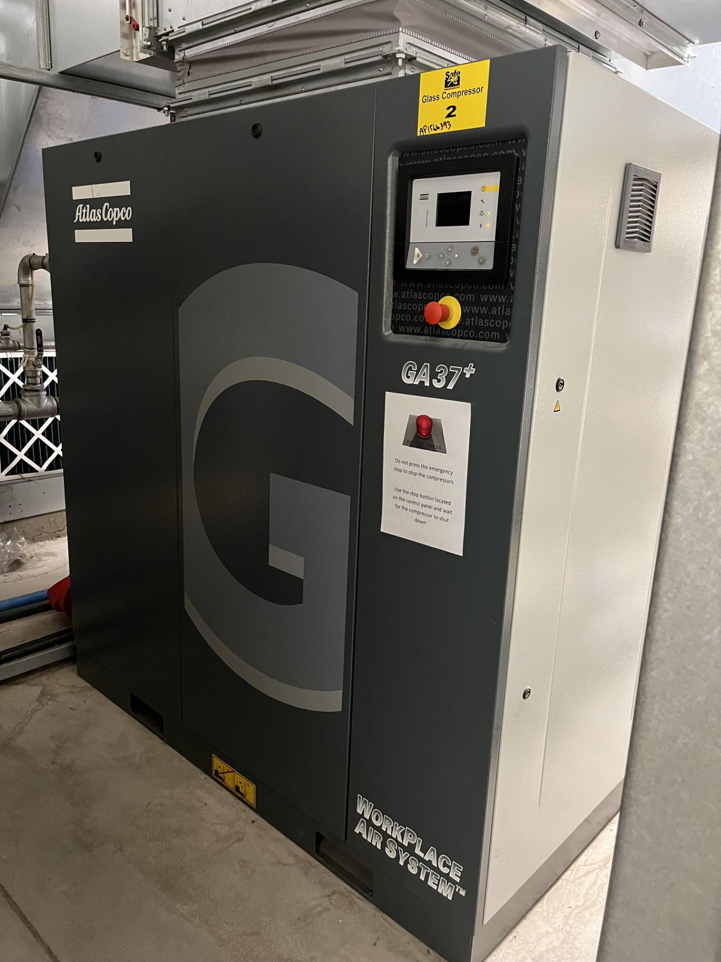 Atlas Copco GA37+ Fixed Speed Packaged Screw Compressor Serial No. AP1544393 (2016)