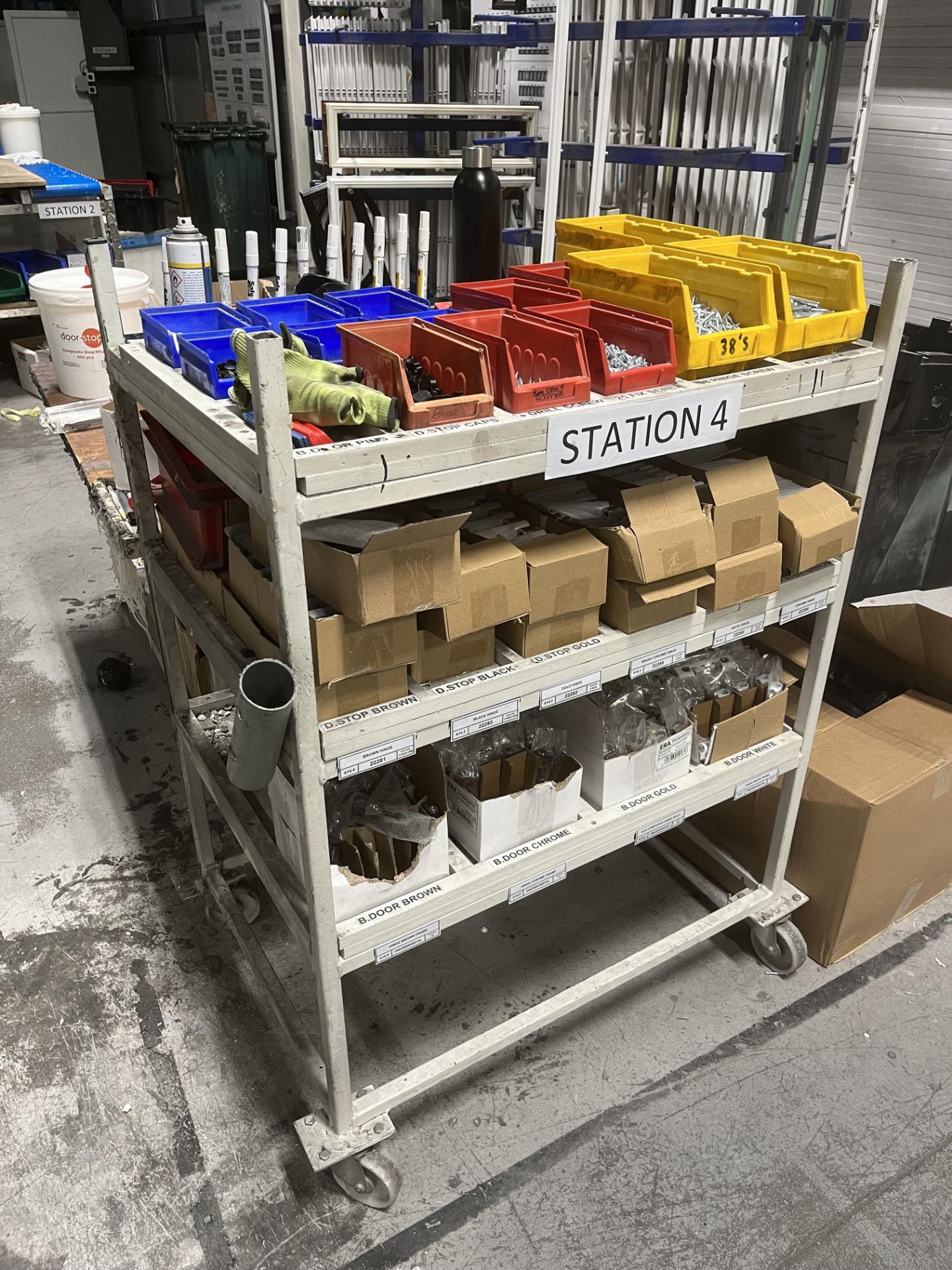 2, Steel frames component storage trolleys with three shelves. Size appox. 85Wx60Dx120H cms